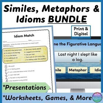 Preview of Similes, Metaphors, and Idioms Worksheets, Games, Presentations, and more!