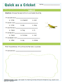 Similes Quick as a Cricket Worksheet by Miss Miller Makes ...