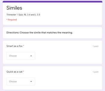 Preview of Similes Quiz Google Forms 