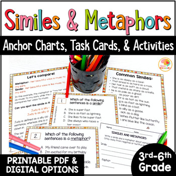 Preview of Similes and Metaphors: Anchor Charts, Task Cards, Worksheets Figurative Language