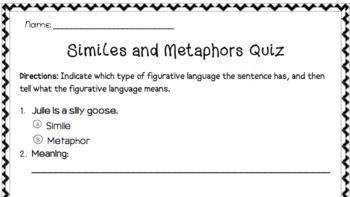Preview of Similes and Metaphors Quiz - Figurative Language
