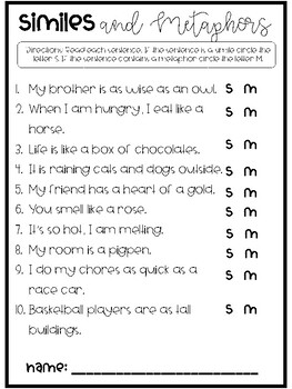 Similes and Metaphors Worksheet by Mrs Murphy's 3rd Grade | TPT