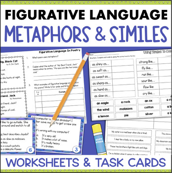 Preview of Similes & Metaphors Worksheets Task Cards 4th 5th Figurative Language Activities