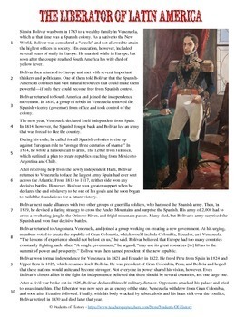 Preview of Simon Bolivar Reading, Worksheet, and Graphic Organizer