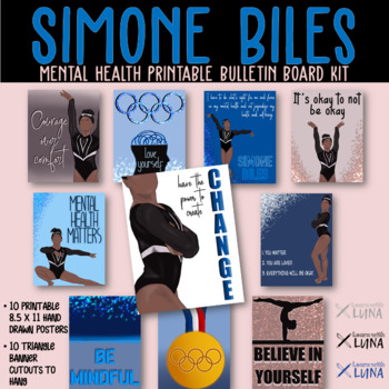 Preview of Simone Biles Mental Health Printable Bulletin Board Kit