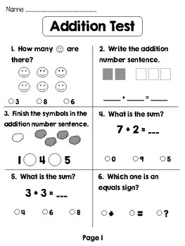 Preview of Simple Addition Assessment / Test