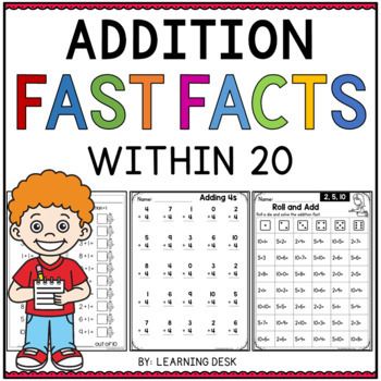Preview of Simple Addition Fast Facts Fluency to 20 Worksheets Kindergarten First Grade