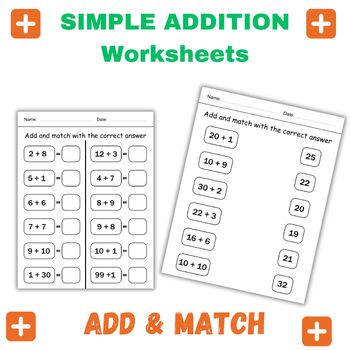 Preview of Simple Addition Math Worksheets Activity For Kids Add and Match