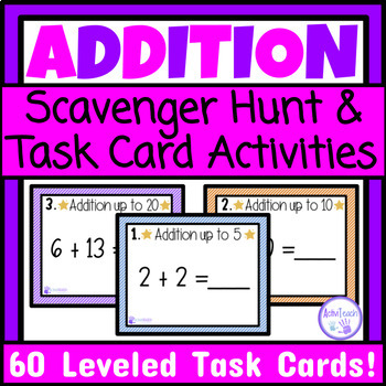 Preview of Basic Addition Task Cards Write the Room Addition Scavenger Hunt Math Activities