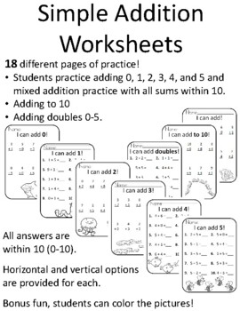 Preview of Simple Addition Worksheets Adding Within 10 Worksheets Addition Within 10 Add 10