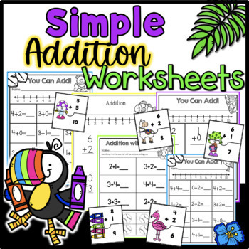 Preview of Simple Addition Worksheets Kindergarten Adding 