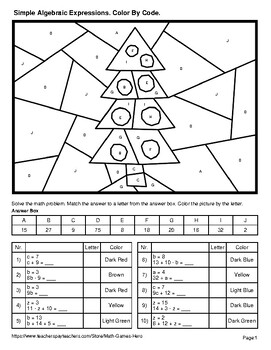 Simple Algebraic Expressions - Christmas Coloring Pages | Color by Code