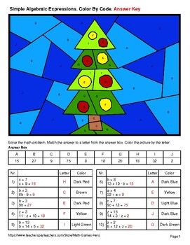 Simple Algebraic Expressions - Christmas Coloring Pages | Color by Code