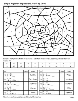 Simple Algebraic Expressions - Coloring Worksheets | Color by Code