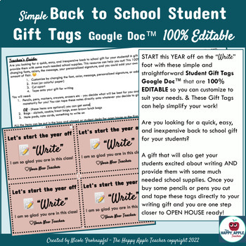 Preview of Simple Back to School Student Gift Tags Google Doc™ 100% Editable