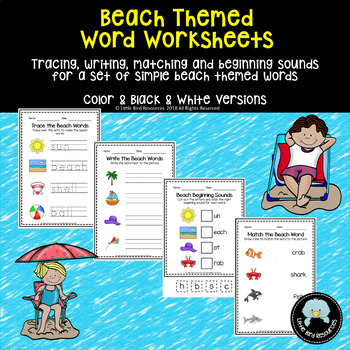 Preview of Simple Beach Words Worksheet Set - Tracing, Matching, Writing & Beginning Sounds