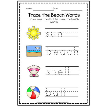 simple beach words worksheet set tracing matching writing