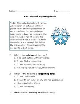 simple beginner main idea and supporting details worksheet by