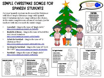 Preview of Simple Christmas Songs for Spanish Students - Lyrics, Karaoke Links & Coloring!