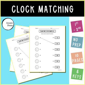 Preview of Simple Clock Matching Worksheets Telling Time - Hour, Half, Quarter & 5 Minutes