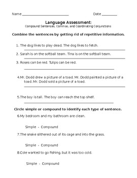 Preview of Simple, Compound, Combining Sentences, Coordinating Conjunctions, Test, Practice
