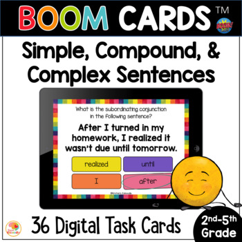 Preview of Simple, Compound, & Complex Sentences BOOM CARDS Task Cards & Anchor Charts