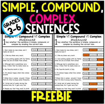 Simple, Compound, Complex Sentences FREEBIE by One Idea Later | TPT
