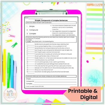 Simple, Compound, Complex Sentences - Printable Worksheets Grades 5-7