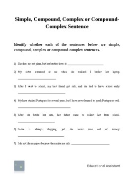 Preview of Simple, Compound, Complex or Compound-Complex Sentences Worksheet