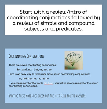 Preview of Simple & Compound Sentences with Review of Subjects, Predicates, & Conjunctions