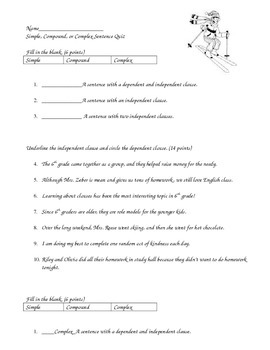 Preview of Simple, Compound, and Complex Sentence Quiz - dependent and independent clauses