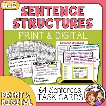 Preview of Sentence Structure Simple Compound and Complex Sentences Task Cards TWO SETS!