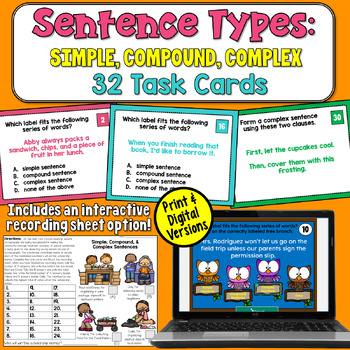 Preview of Simple, Compound, and Complex Sentences Task Cards: Identify and Write Each Type
