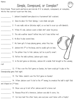 Simple, Compound, or Complex Sentence? Baseball Themed FREEBIE!