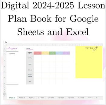 Preview of Simple Easy to Use 2024-2025 Digital Lesson Plan Book for Google Sheets and Exel