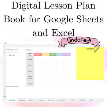 Preview of Simple Easy to Use Undated Digital Lesson Plan Book for Google Sheets and Exel