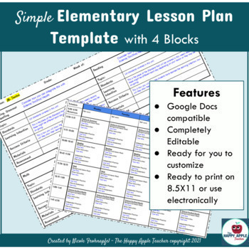 Preview of Simple Elementary Lesson Plan Template - 4 Blocks - Google Docs - Editable