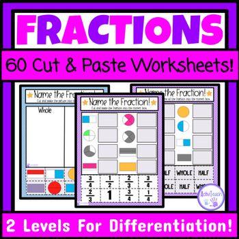 Preview of Basic Fractions Cut and Paste Worksheets Math Center Fraction Activities SPED