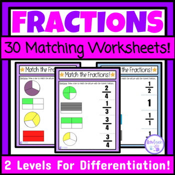 Preview of Basic Fractions Matching Worksheets Simple Fraction Worksheets Special Education