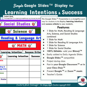 Preview of Simple Google Slides™ Display for Learning Intentions&Success Criteria Editable