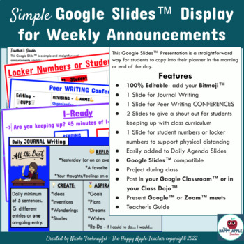Preview of Simple Google Slides™ for Display and weekly class Announcements Editable