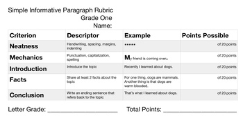Preview of Simple Informative Paragraph Rubric Grade One