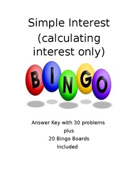 Preview of Simple Interest Bingo (calculating interest only) with 20 Pre-Filled Boards!