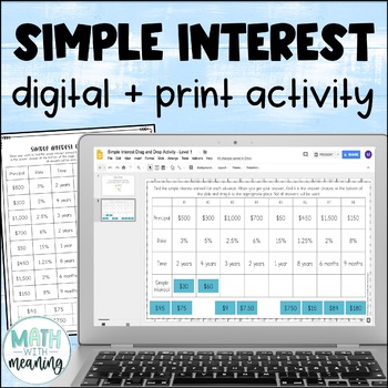 Preview of Simple Interest Digital and Print Activity for Google Drive - 2 Levels