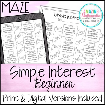 Preview of Simple Interest Worksheet ~ Beginner Maze Activity