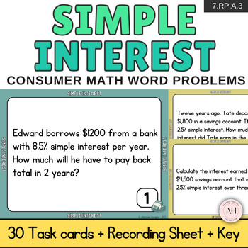 Preview of Simple Interest Task Cards : Consumer Math Word Problems Grade 7