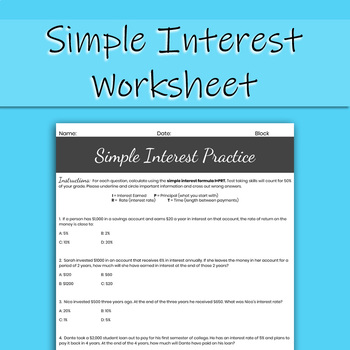 Preview of Simple Interest Worksheet (Distance Learning Friendly)