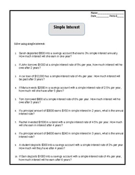 Preview of Simple Interest Worksheet Bundle (1-5)