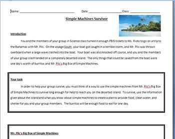 Preview of Simple Machine Survivor (Performance task and Rubric)