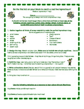 Preview of Simple Machines Info Sheet & Leprechaun Trap Project